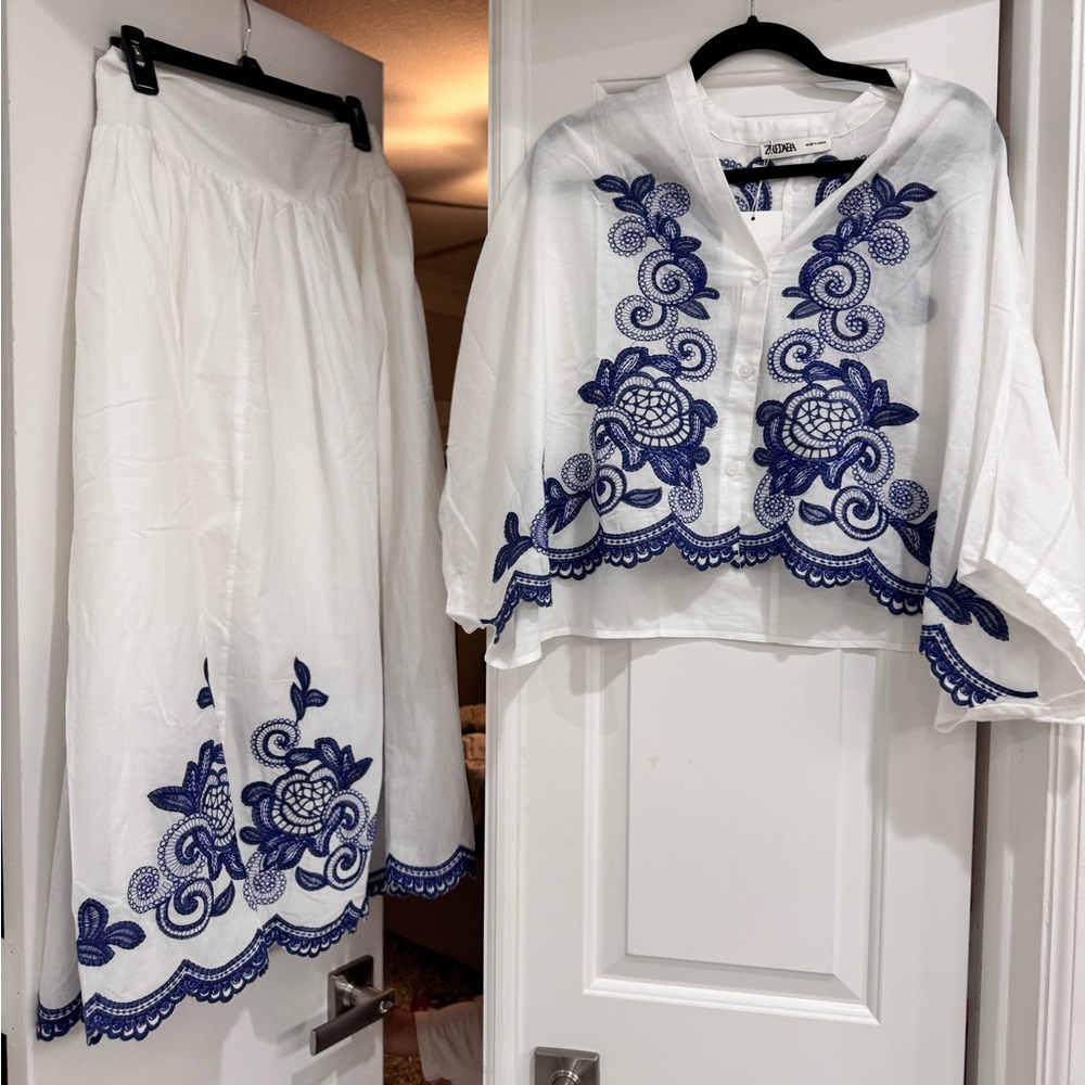 Zara Zredara Intricate White and Blue Embroidered Skirt Set